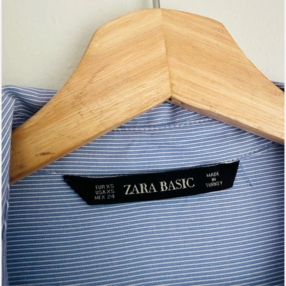 Zara Contrasting Shirt Dress Stripes and Black Faux Leather Skirt Blue Black - Picture 8 of 9